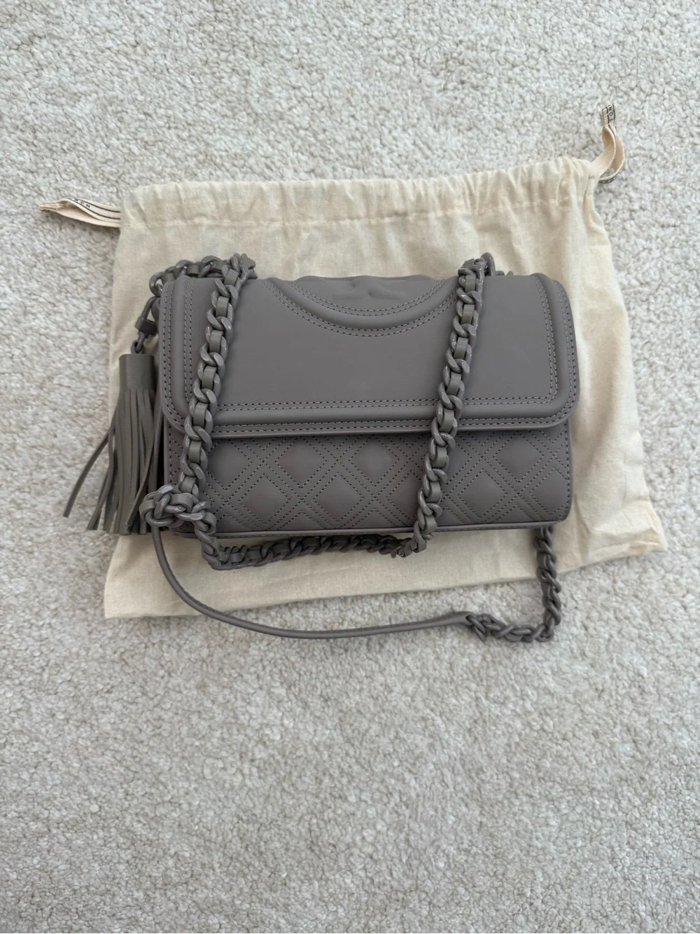 Tory Burch Fleming Small Quilted Leather Convertible Shoulder Bag in Taupe